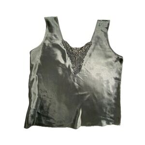 Vintage Escapades Camisole Top Womens Medium Black Satin Lace Trim Sleeveless